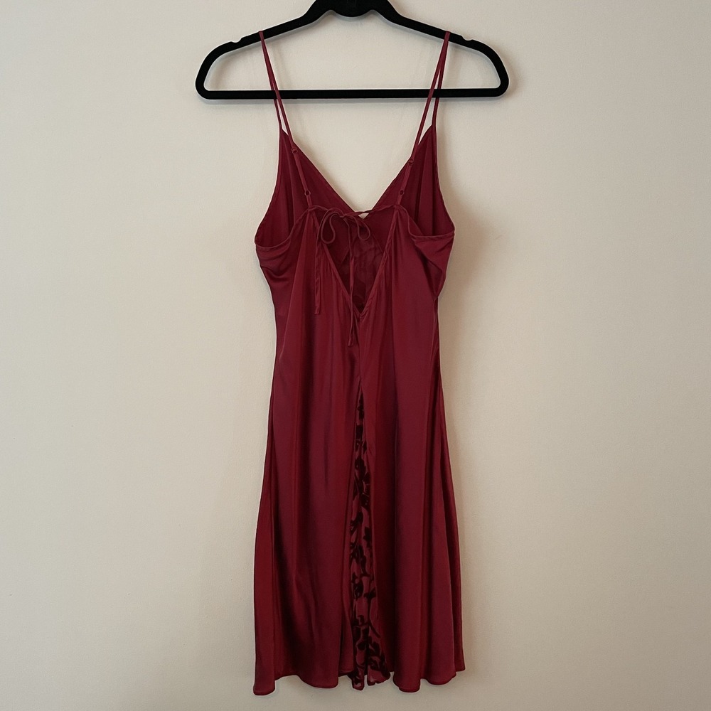 VTG 100% Silk Babydoll Slip Dress Wine Size L Tie Back Burnout Velvet Romantic - Picture 2 of 11